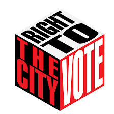 graphic logo designed as a three-dimensional cube with the words “RIGHT TO THE CITY VOTE” wrapped around its sides in black, red, and white block lettering.